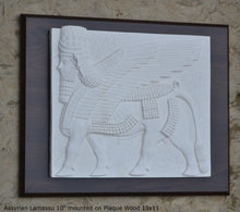 Load image into Gallery viewer, Historical Assyrian Lamassu winged Bull wall Sculpture www.Neo-Mfg.com 10" Mesopotamia mounted on plaque 13x11