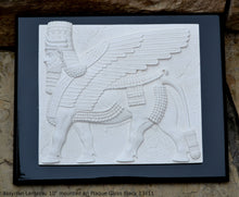 Load image into Gallery viewer, Historical Assyrian Lamassu winged Bull wall Sculpture www.Neo-Mfg.com 10&quot; Mesopotamia mounted on plaque 13x11
