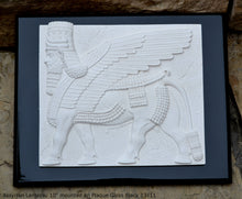 Load image into Gallery viewer, Historical Assyrian Lamassu winged Bull wall Sculpture www.Neo-Mfg.com 10" Mesopotamia mounted on plaque 13x11