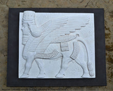 Load image into Gallery viewer, Historical Assyrian Lamassu winged Bull wall Sculpture www.Neo-Mfg.com 10" Mesopotamia mounted on plaque 13x11