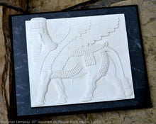 Load image into Gallery viewer, Historical Assyrian Lamassu winged Bull wall Sculpture www.Neo-Mfg.com 10" Mesopotamia mounted on plaque 13x11