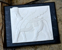 Load image into Gallery viewer, Historical Assyrian Lamassu winged Bull wall Sculpture www.Neo-Mfg.com 10" Mesopotamia mounted on plaque 13x11