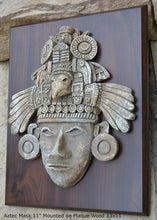 Load image into Gallery viewer, History Aztec Maya Artifact Warrior mask Sculpture Statue 11" Tall www.Neo-Mfg.com Mounted on Plaque 13x11