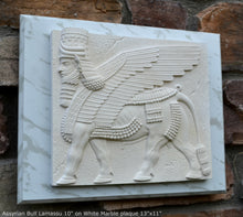 Load image into Gallery viewer, Historical Assyrian Lamassu winged Bull wall Sculpture www.Neo-Mfg.com 10" Mesopotamia mounted on plaque 13x11