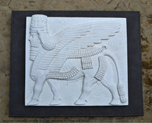 Load image into Gallery viewer, Historical Assyrian Lamassu winged Bull wall Sculpture www.Neo-Mfg.com 10" Mesopotamia mounted on plaque 13x11