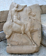 Load image into Gallery viewer, Roman Greek Horseman Figure Sculptural Wall frieze plaque Fragment relief 1st century B.C. Greek. 1907 www.Neo-Mfg.com 17"