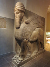 Load image into Gallery viewer, Historical Assyrian Lamassu Nimrud Palace guardians winged Bull Sculpture www.Neo-Mfg.com 8.5" Mesopotamia - Flat on back side - Face Left