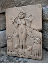 Load image into Gallery viewer, Babylonian Burney Relief Queen of Night GODDESS ISHTAR Mesopotamia Sculptural wall relief carving plaque www.Neo-Mfg.com 9.5" Museum m16