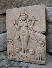 Load image into Gallery viewer, Babylonian Burney Relief Queen of Night GODDESS ISHTAR Mesopotamia Sculptural wall relief carving plaque www.Neo-Mfg.com 9.5" Museum m16