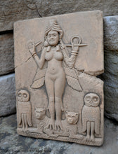 Load image into Gallery viewer, Babylonian Burney Relief Queen of Night GODDESS ISHTAR Mesopotamia Sculptural wall relief carving plaque www.Neo-Mfg.com 9.5" Museum m16