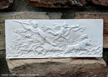 Load image into Gallery viewer, History Roman Hunting Chariot Lion and Cherub Stela Fragment Sculptural wall relief plaque 8 5/16&quot; www.Neo-Mfg.com museum reproduction b28
