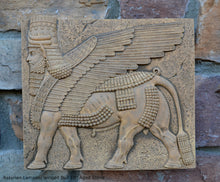Load image into Gallery viewer, Historical Assyrian Lamassu winged Bull wall Sculpture www.Neo-Mfg.com 10" Mesopotamia m17