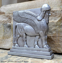 Load image into Gallery viewer, Historical Assyrian Lamassu Nimrud Palace guardians winged Bull Sculpture www.Neo-Mfg.com 8.5" Mesopotamia - Flat on back side g29