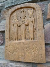 Load image into Gallery viewer, History Egyptian Triad of Osiris Dedia stele the master builder. Isis Osiris & Horus Artifact Sculpture Statue 14" www.Neo-Mfg.com c9