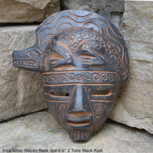 Load image into Gallery viewer, Inca Aztec Mayan Mask lizard sculpture wall plaque carving www.Neo-mfg.com 6" Museum reproduction