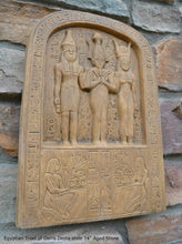 Load image into Gallery viewer, History Egyptian Triad of Osiris Dedia stele the master builder. Isis Osiris & Horus Artifact Sculpture Statue 14" www.Neo-Mfg.com c9