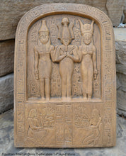 Load image into Gallery viewer, History Egyptian Triad of Osiris Dedia stele the master builder. Isis Osiris & Horus Artifact Sculpture Statue 14" www.Neo-Mfg.com c9