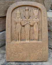 Load image into Gallery viewer, History Egyptian Triad of Osiris Dedia stele the master builder. Isis Osiris & Horus Artifact Sculpture Statue 14" www.Neo-Mfg.com c9