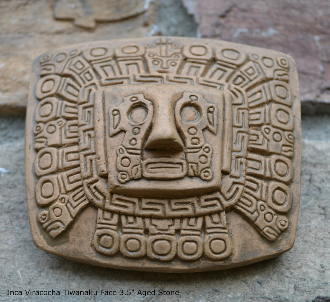 Inca Viracocha Tiwanaku Face Gateway sun Sculptural wall relief plaque 3.5