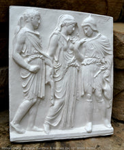 Load image into Gallery viewer, Roman Greek Orpheus, Eurydice and Hermes Figure Sculptural Wall frieze plaque Fragment www.Neo-Mfg.com 10" tall Museum reproduction j24