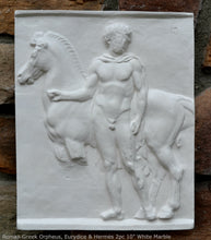 Load image into Gallery viewer, Roman Greek Orpheus, Eurydice and Hermes Figure Sculptural Wall frieze plaque Fragment www.Neo-Mfg.com 10" tall Museum reproduction j25