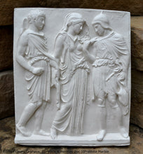 Load image into Gallery viewer, Roman Greek Orpheus, Eurydice and Hermes Figure Sculptural Wall frieze plaque Fragment www.Neo-Mfg.com 10" tall Museum reproduction j24