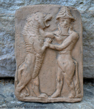 Load image into Gallery viewer, Mesopotamian Babylonian Bull Man & lion Gilgamesh Tablet Cuneiform Sculptural fragment www.Neo-Mfg.com museum reproduction 4"