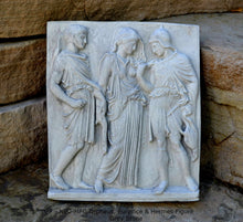 Load image into Gallery viewer, Roman Greek Orpheus, Eurydice and Hermes Figure Sculptural Wall frieze plaque Fragment www.Neo-Mfg.com 10" tall Museum reproduction j24