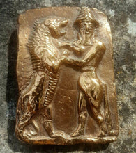 Load image into Gallery viewer, Mesopotamian Babylonian Bull Man & lion Gilgamesh Tablet Cuneiform Sculptural fragment www.Neo-Mfg.com museum reproduction 4"