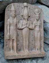 Load image into Gallery viewer, History Egyptian Triad of Osiris Dedia stele the master builder. Isis Osiris & Horus Artifact Sculpture Statue 16" www.Neo-Mfg.com