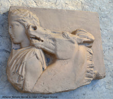 Load image into Gallery viewer, Roman Greek Parthenon Frieze fragment goddess Athena Temple Horse & rider Sculpture museum reproduction art 17" www.Neo-Mfg.com home decor