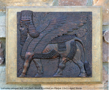 Load image into Gallery viewer, Historical Assyrian Lamassu winged Bull wall Sculpture www.Neo-Mfg.com 10" Mesopotamia mounted on plaque 13x11