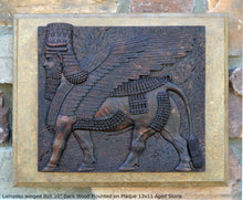 Load image into Gallery viewer, Historical Assyrian Lamassu winged Bull wall Sculpture www.Neo-Mfg.com 10" Mesopotamia mounted on plaque 13x11