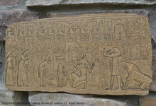 Load image into Gallery viewer, History Egyptian Judgment Day Anubis holding Scales of Justice w/Thoth, Ammut Stela Plaque Artifact Sculpture 13" www.Neo-Mfg.com L7