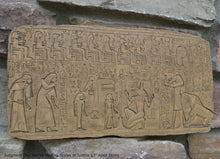 Load image into Gallery viewer, History Egyptian Judgment Day Anubis holding Scales of Justice w/Thoth, Ammut Stela Plaque Artifact Sculpture 13" www.Neo-Mfg.com L7