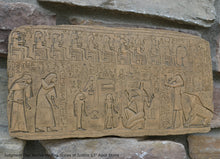 Load image into Gallery viewer, History Egyptian Judgment Day Anubis holding Scales of Justice w/Thoth, Ammut Stela Plaque Artifact Sculpture 13" www.Neo-Mfg.com L7