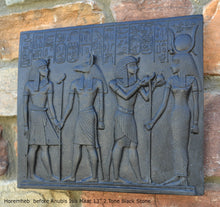 Load image into Gallery viewer, Egyptian Horemheb Pharaoh before Anubis & Isis sculpture wall art frieze www.Neo-Mfg.com 10.5" h3
