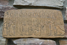 Load image into Gallery viewer, History Egyptian Judgment Day Anubis holding Scales of Justice w/Thoth, Ammut Stela Plaque Artifact Sculpture 13" www.Neo-Mfg.com L7