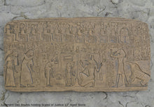 Load image into Gallery viewer, History Egyptian Judgment Day Anubis holding Scales of Justice w/Thoth, Ammut Stela Plaque Artifact Sculpture 13" www.Neo-Mfg.com L7