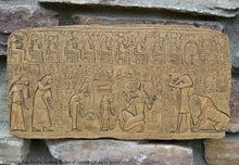 Load image into Gallery viewer, History Egyptian Judgment Day Anubis holding Scales of Justice w/Thoth, Ammut Stela Plaque Artifact Sculpture 13" www.Neo-Mfg.com L7