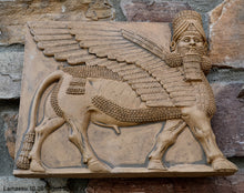 Load image into Gallery viewer, Historical Assyrian Lamassu winged Bull wall Sculpture www.Neo-Mfg.com 10" Mesopotamia d17