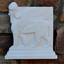 Load image into Gallery viewer, Historical Assyrian Lamassu Nimrud Palace guardians winged Bull Sculpture www.Neo-Mfg.com 8.5" Mesopotamia - Flat on back side - Face Left