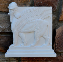 Load image into Gallery viewer, Historical Assyrian Lamassu Nimrud Palace guardians winged Bull Sculpture www.Neo-Mfg.com 8.5" Mesopotamia - Flat on back side - Face Left