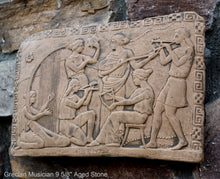 Load image into Gallery viewer, Roman Greek Musician Figure2 Sculptural Wall frieze plaque Fragment www.Neo-Mfg.com 9 5/8" d3