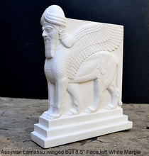 Load image into Gallery viewer, Historical Assyrian Lamassu Nimrud Palace guardians winged Bull Sculpture www.Neo-Mfg.com 8.5" Mesopotamia - Flat on back side - Face Left