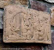 Load image into Gallery viewer, Roman Greek Musician Figure2 Sculptural Wall frieze plaque Fragment www.Neo-Mfg.com 9 5/8" d3