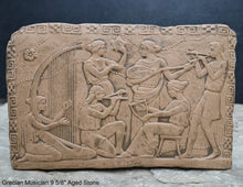 Load image into Gallery viewer, Roman Greek Musician Figure2 Sculptural Wall frieze plaque Fragment www.Neo-Mfg.com 9 5/8" d3