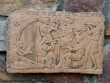 Load image into Gallery viewer, Roman Greek Musician Figure2 Sculptural Wall frieze plaque Fragment www.Neo-Mfg.com 9 5/8&quot; tall d3
