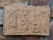 Load image into Gallery viewer, Roman Greek Musician Figure2 Sculptural Wall frieze plaque Fragment www.Neo-Mfg.com 9 5/8" d3