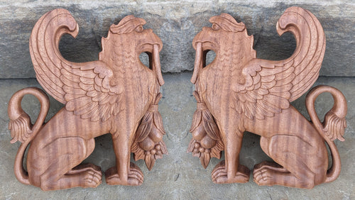 Griffin gryphons Winged lion wall Sculpture plaque set pair 9.5